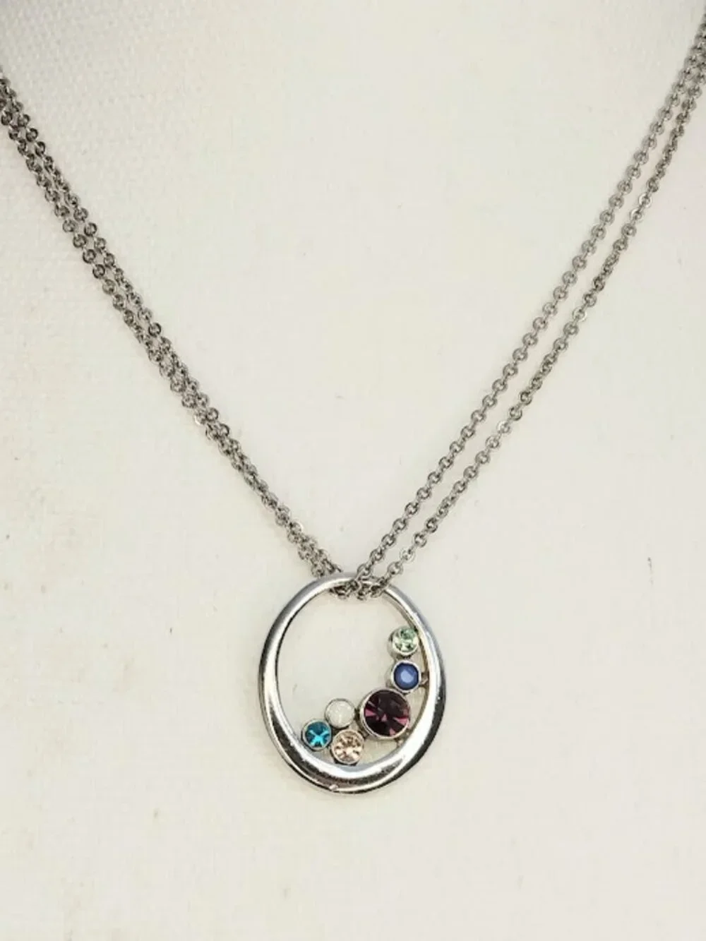 Lia Sophia Necklace Silver Tone Gemstone Circle Pendant with Multi Strand Chain
